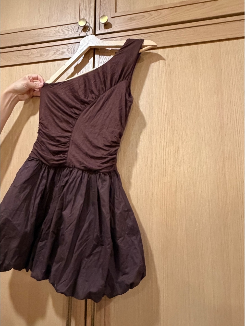 Chocolate Brown One Shoulder Ruched Bubble Mini Dress